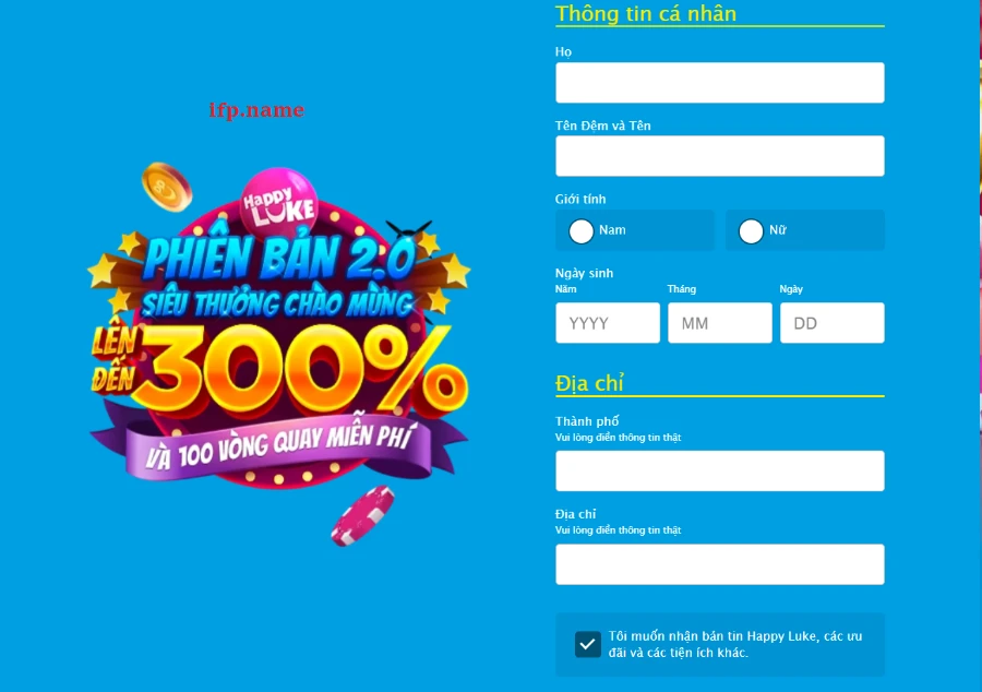 Điền thông tin cá nhân HappyLuke